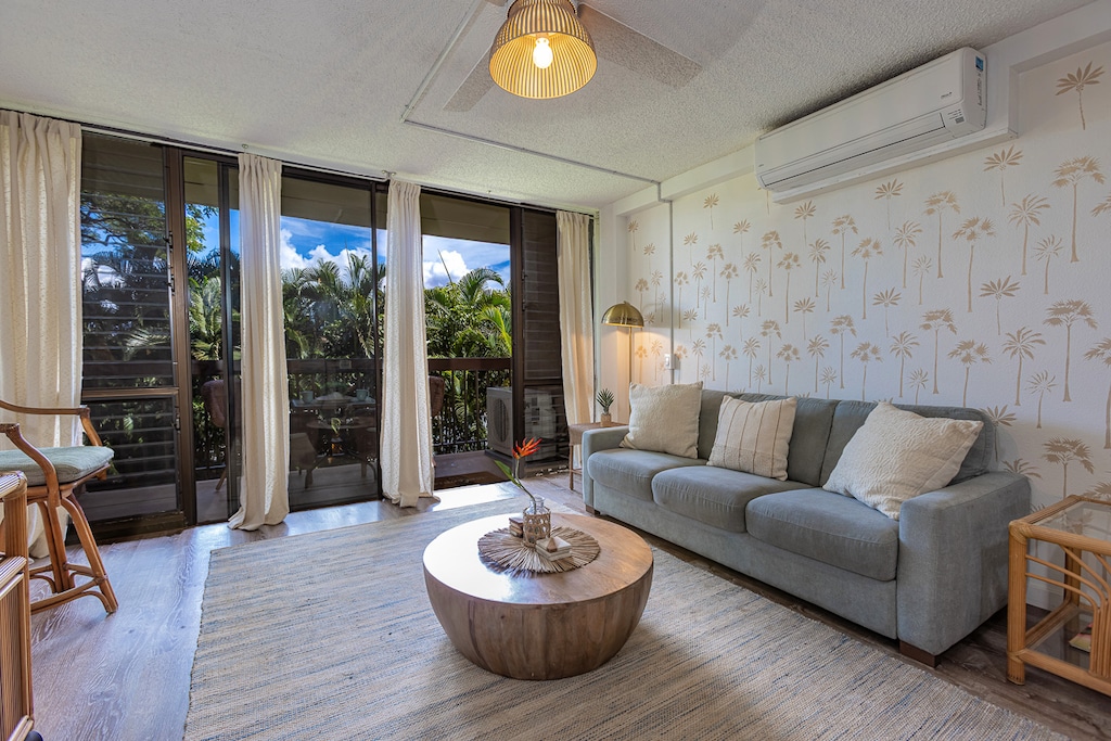 Coastal inspired living room with a sofa-sleeper and laid back feel
