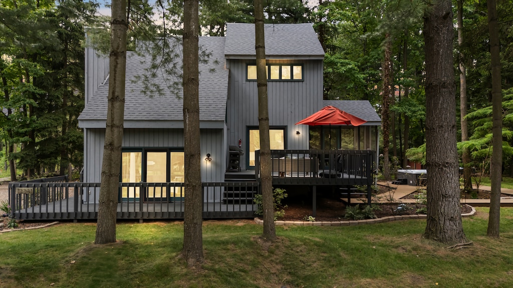 Your private woodland retreat with decks, hot tub & firepit.