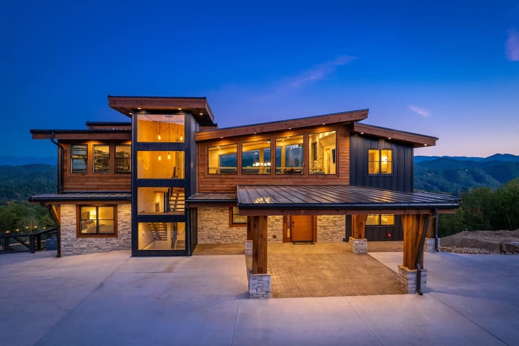 Exterior view at twilight