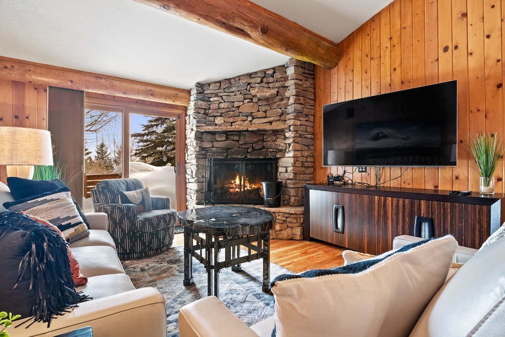 Living Room with Wood Burning Fireplace