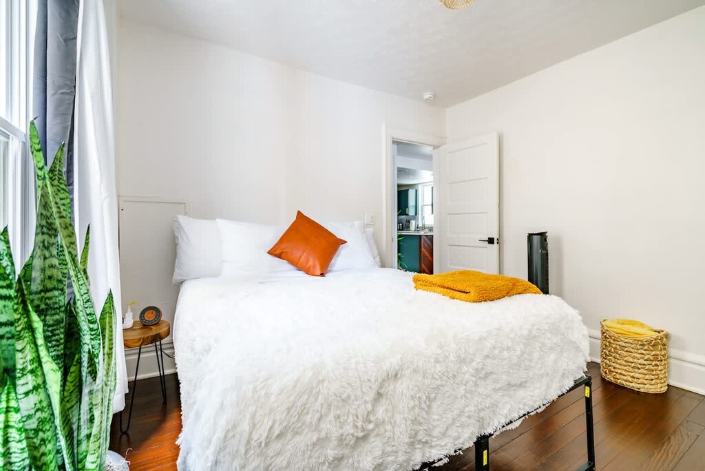 Bright and stylish, this space combines colorful decor, natural light, and a touch of greenery for a refreshing vibe.