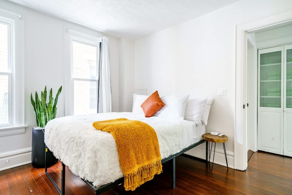 Natural light floods this beautifully designed room, complete with vibrant pillows, a cozy throw, and a splash of greenery.