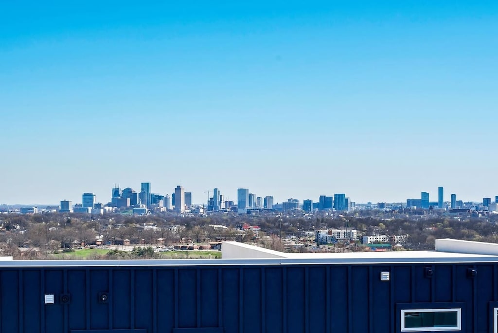 The Nashville skyline view from the rooftop balcony.