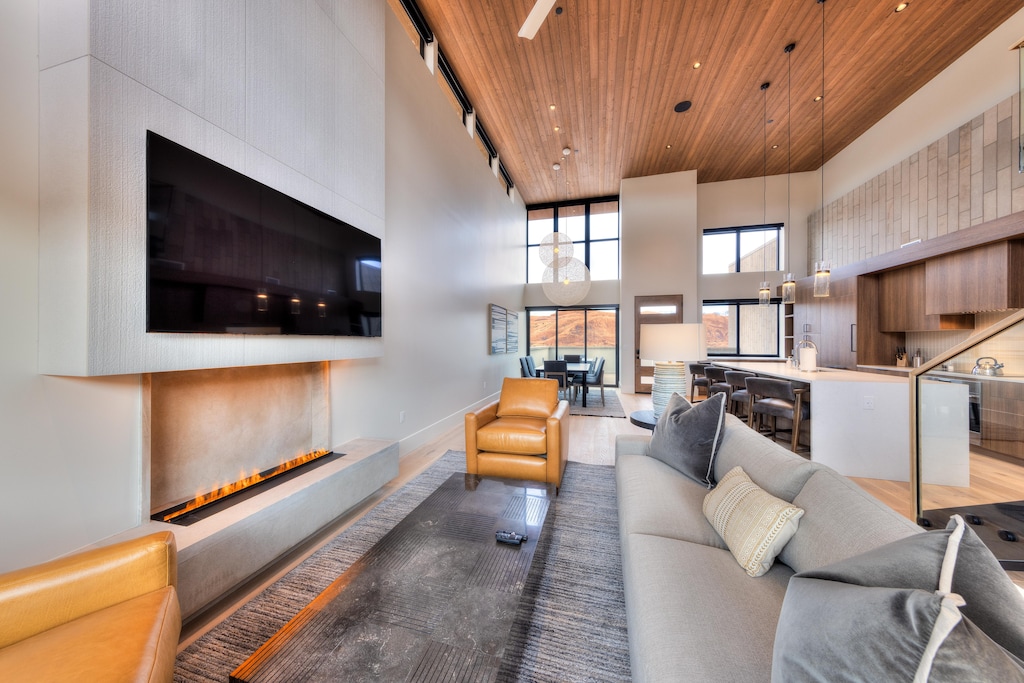 Living room with smart tv and water vapor fireplace