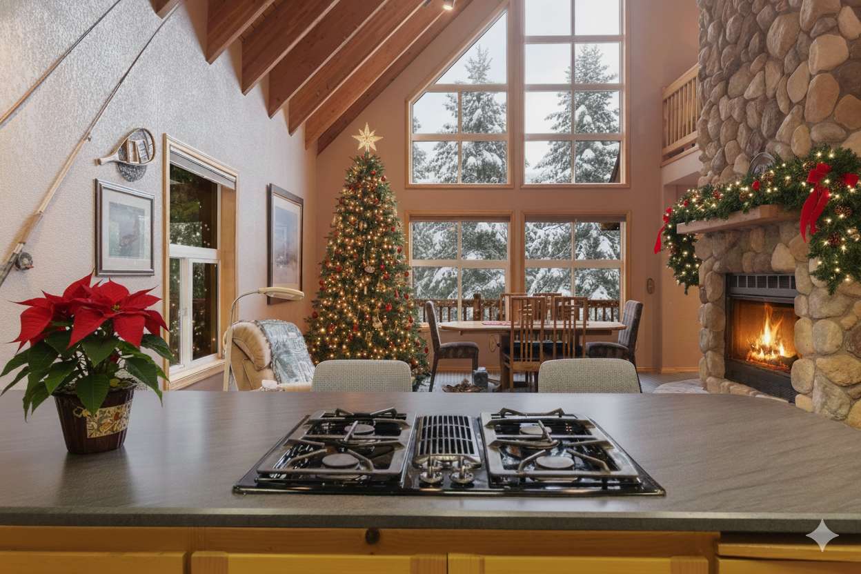 Holiday inspiration rendering – decor shown is AI-generated to capture the spirit of the season. The property is not currently decorated for Christmas.