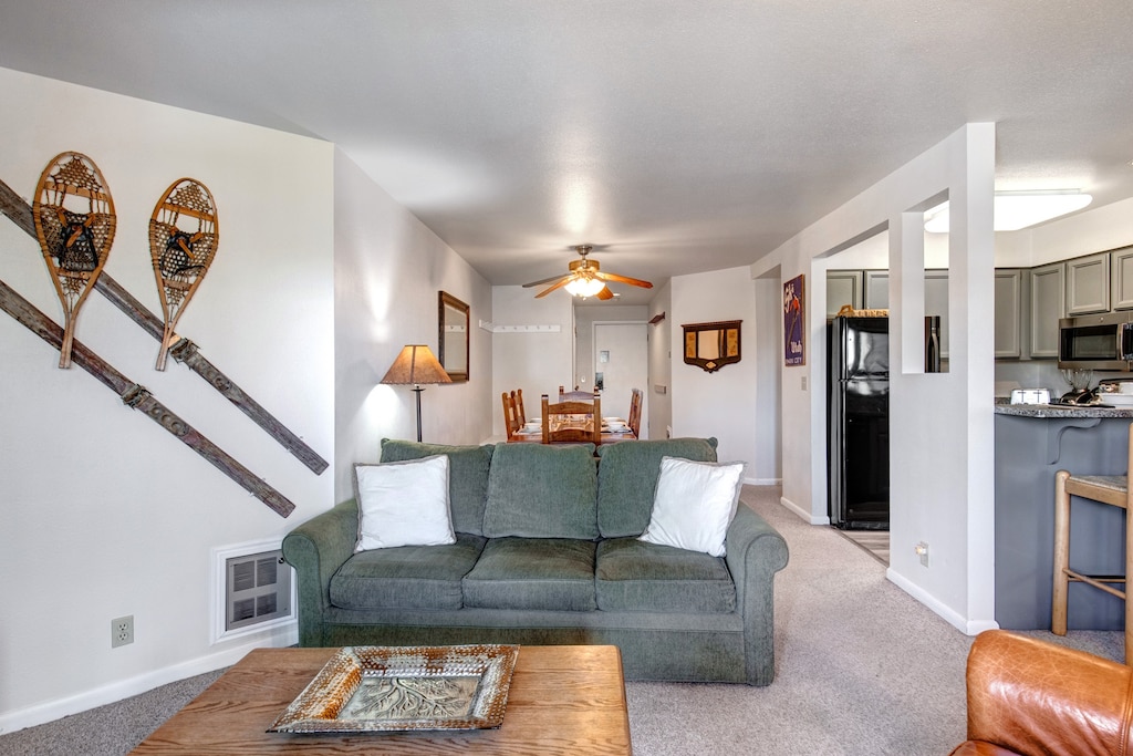 A sage colored upholstered couch with white throw pillows, wood coffee table, and old wooden skis and snowshoes on the wall.