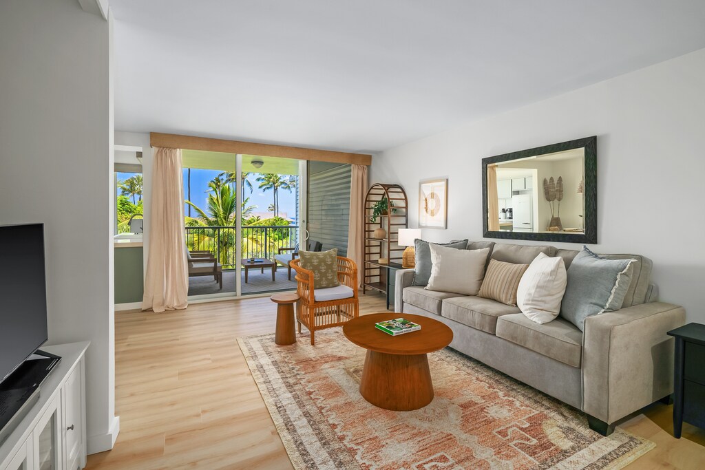 Relax and unwind in our cozy, island-inspired living room.