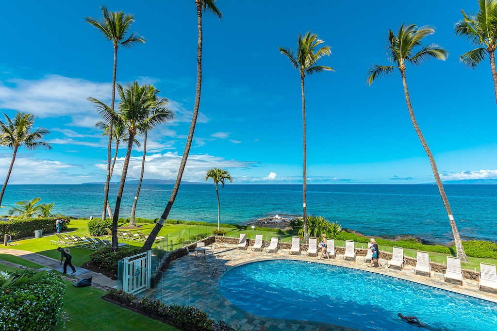 Sparkling pool set beside the shoreline