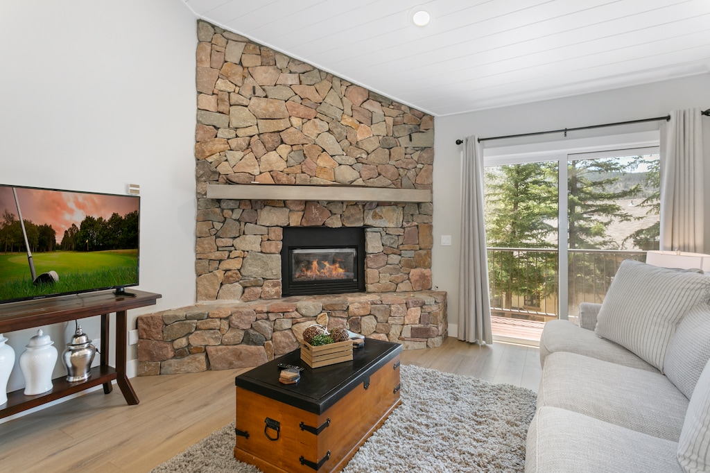 Living area with stone fireplace