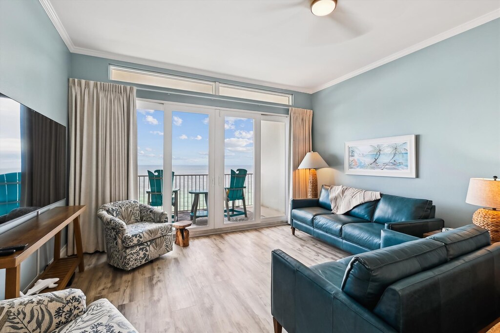 Living room overlooking balcony