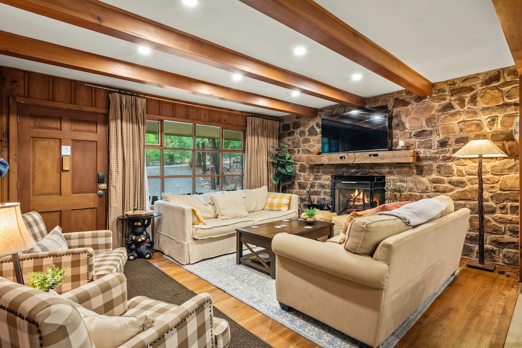 Inviting living room with fireplace.