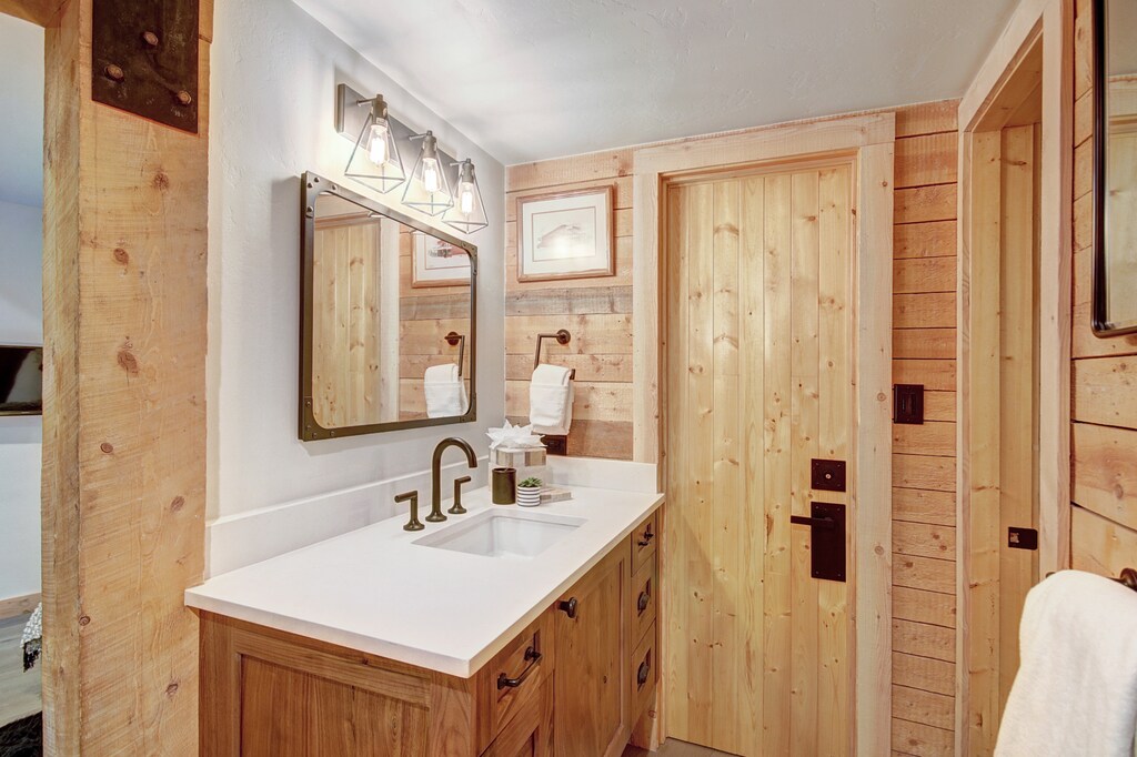 Main level primary private bath with large walk-in shower and 2 sinks - Arrow Darrow Breckenridge Vacation Rental
