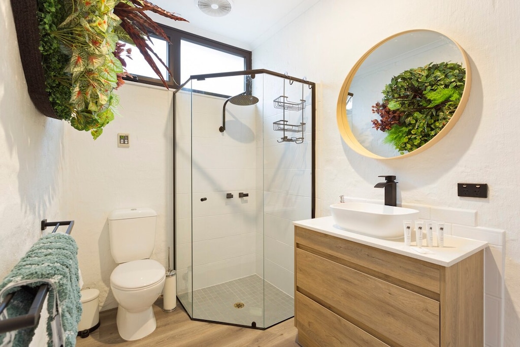 Downstairs Bathroom, large shower cabin, Vanity and toilet