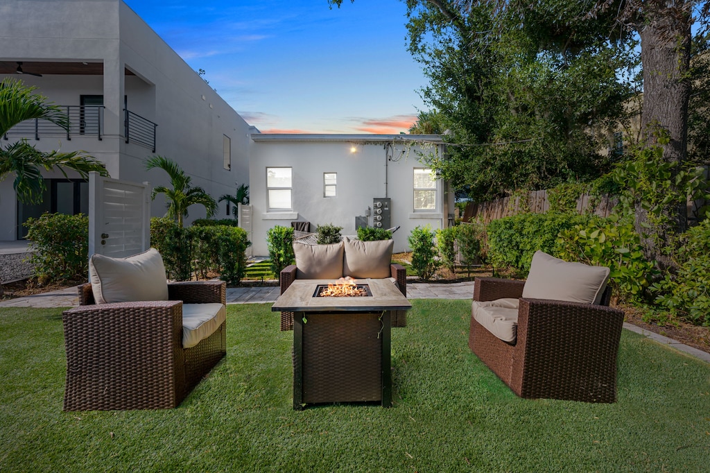 S'mores and stories await! This charming outdoor space is the perfect spot for quiet conversations and a little warmth on a cool evening.