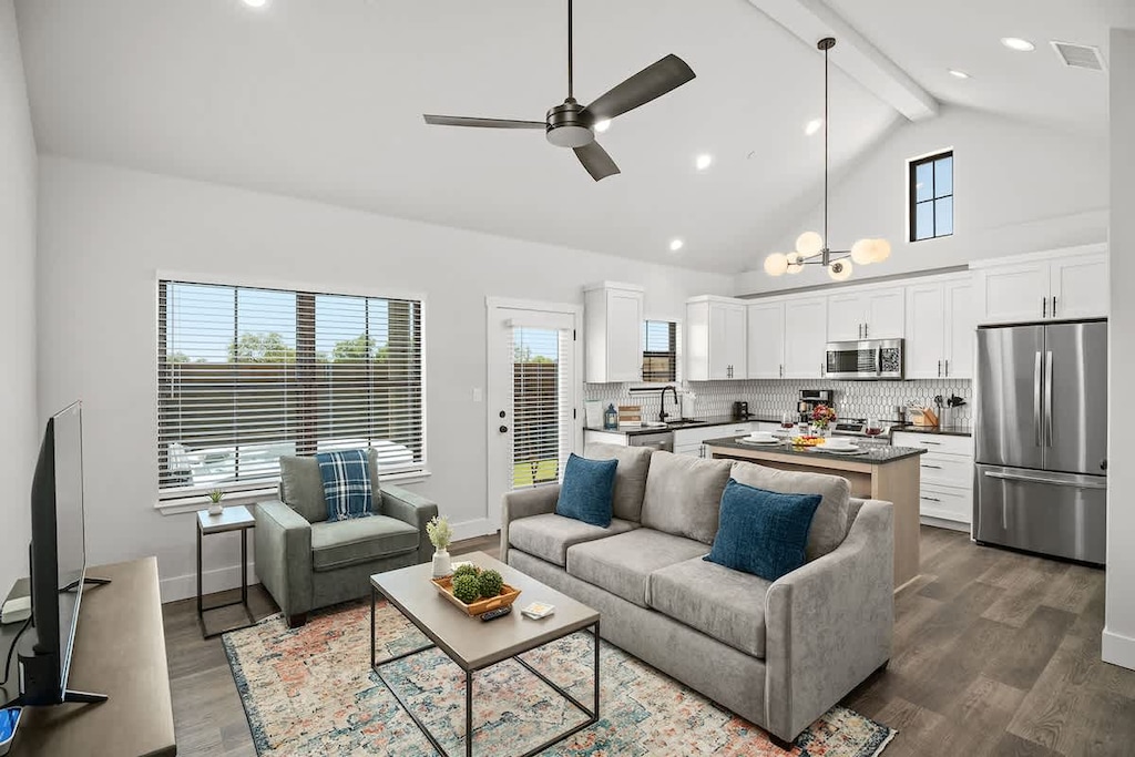 Sink into the comfy couch in the spacious living room.