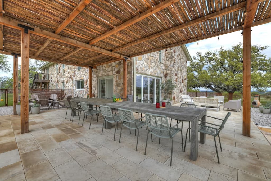 Shaded seating area.