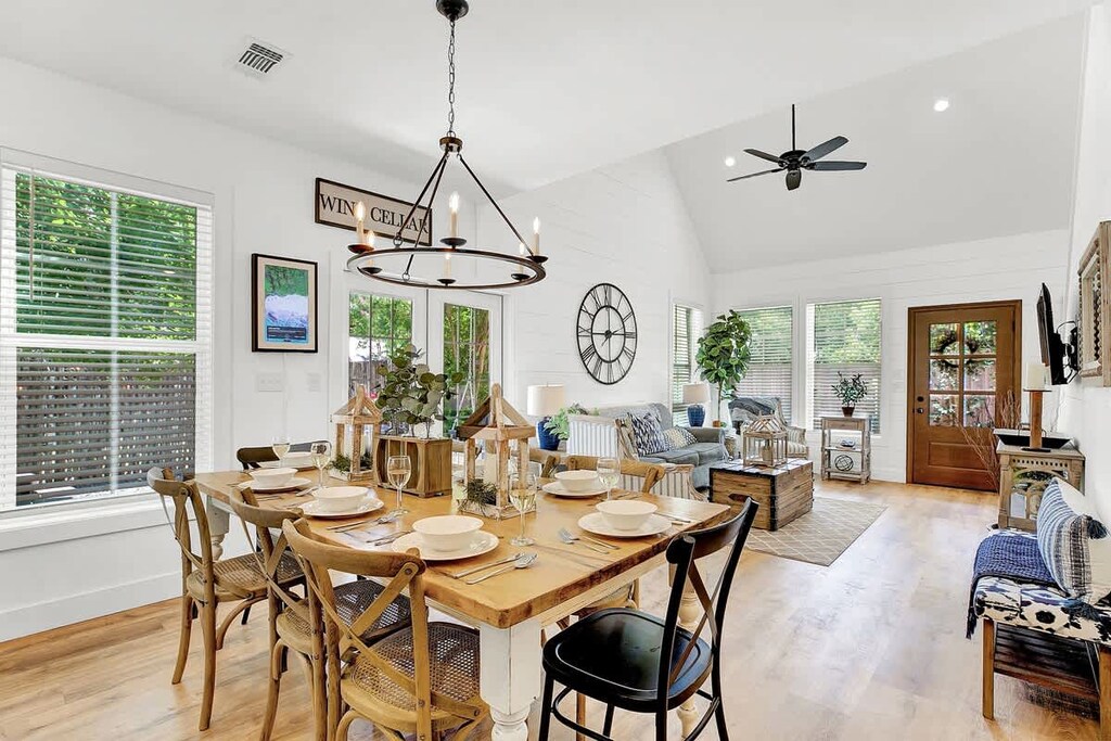 Generous table for eight to accommodate guests.