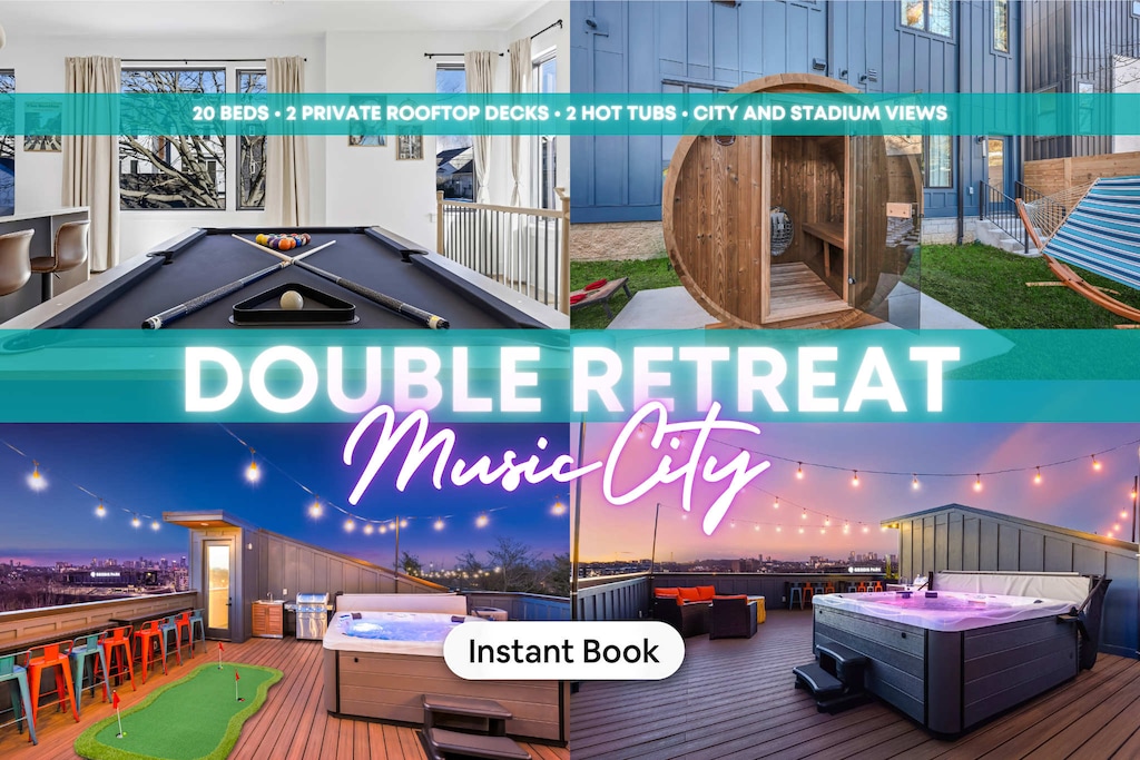 Experience a luxurious Nashville retreat with two rooftop decks and stunning city views. With 20 beds and game rooms, it's ideal for bachelorette parties and family reunions. Enjoy hot tubs under the stars and make unforgettable memories in Music City!
