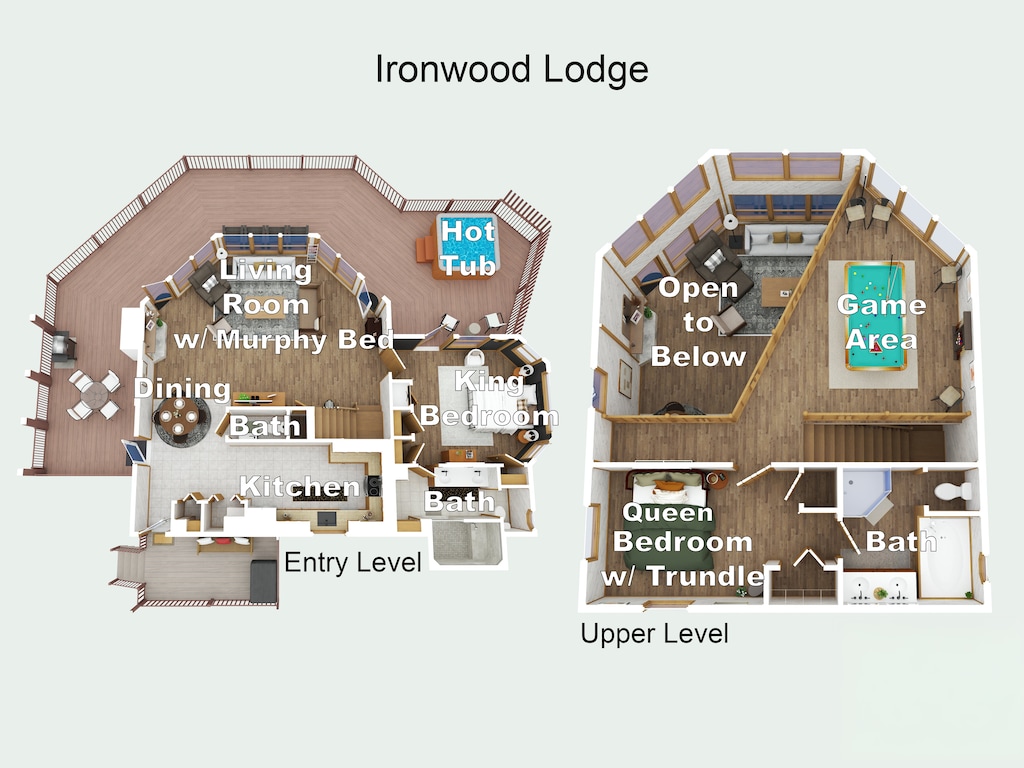 Ironwood Lodge floor plan showing your spacious two-level retreat with hot tub, game area, and cozy bedrooms.