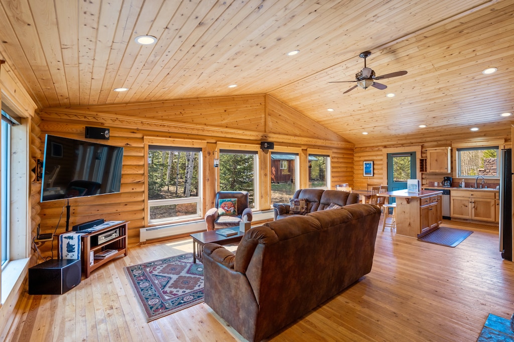 Living room with view of kitchen