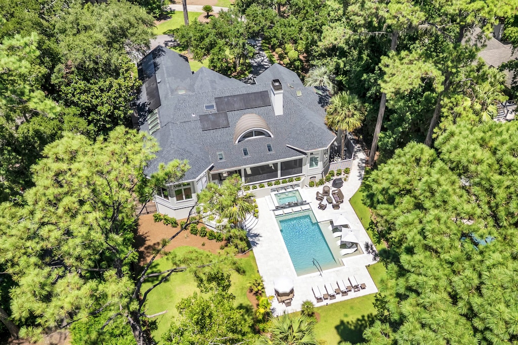 Aerial of Home with Private Pool and Secluded Backyard