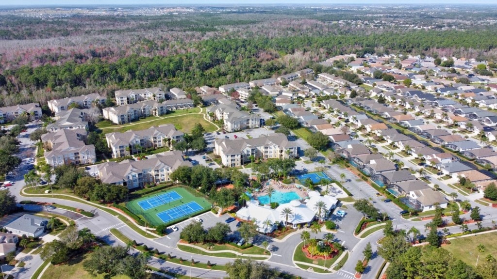 Bird's-eye view of the community showcasing its lush greenery and amenities.