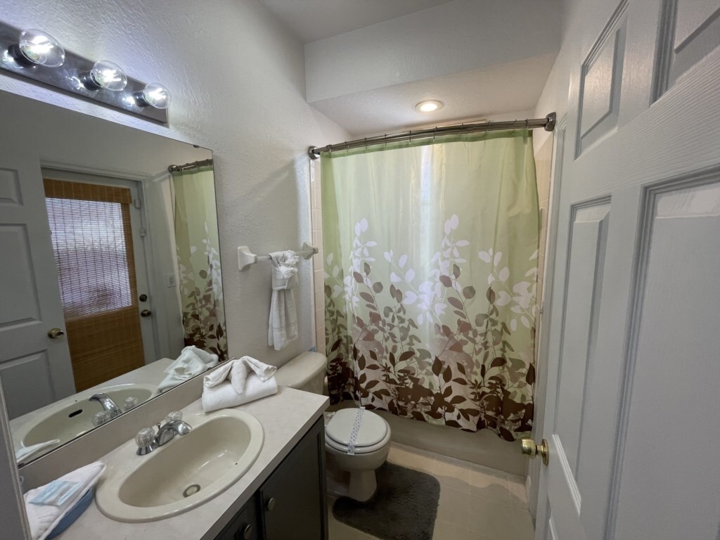 Charming bathroom with a nature-inspired shower curtain and modern amenities.