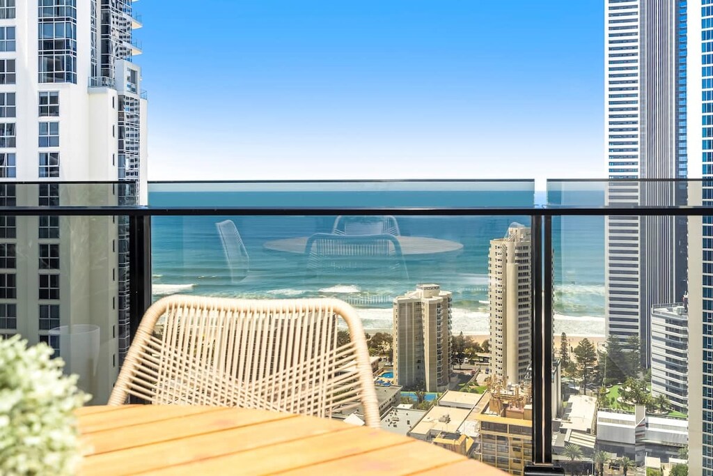 Furnished balcony with ocean views. 