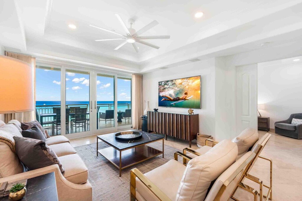 This is Beachcomber 40, a 3-bedroom penthouse condo overlooking Seven Mile Beach.