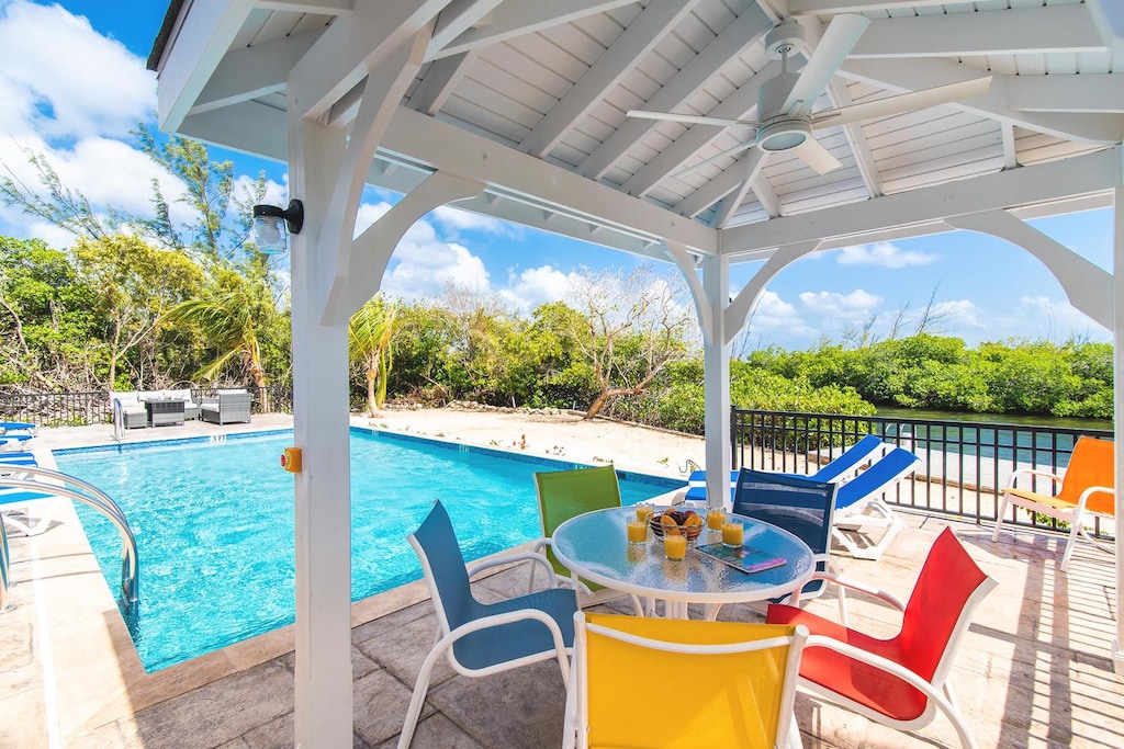 The pool cabana provides relief from the sun's rays.