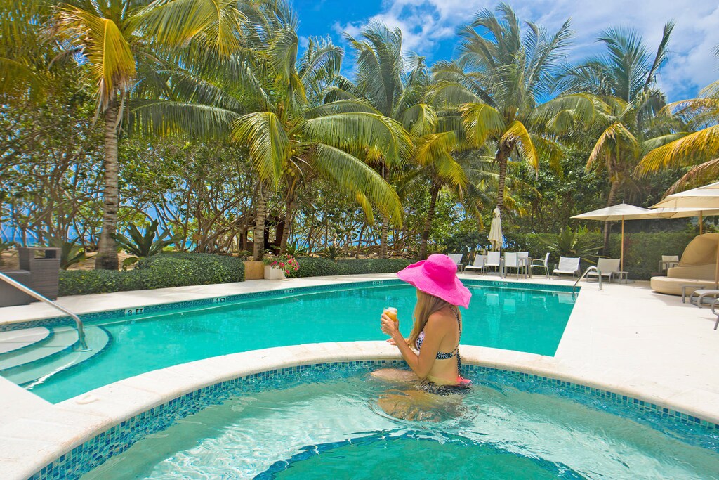 Pool and Spa surrounded by lush greenery.