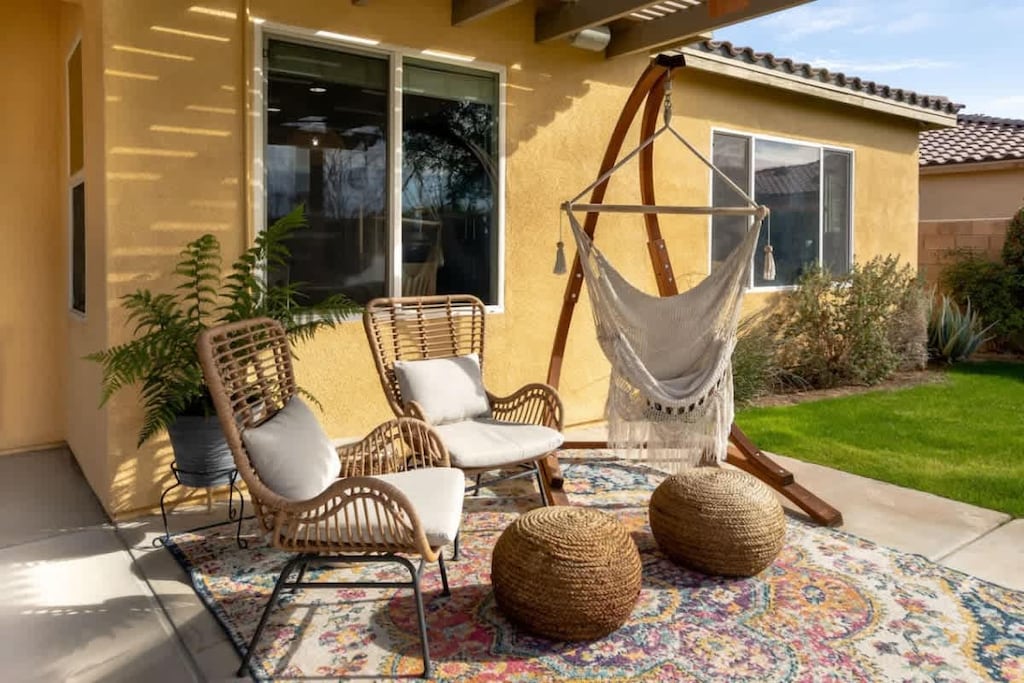 Sunny patio space with seating