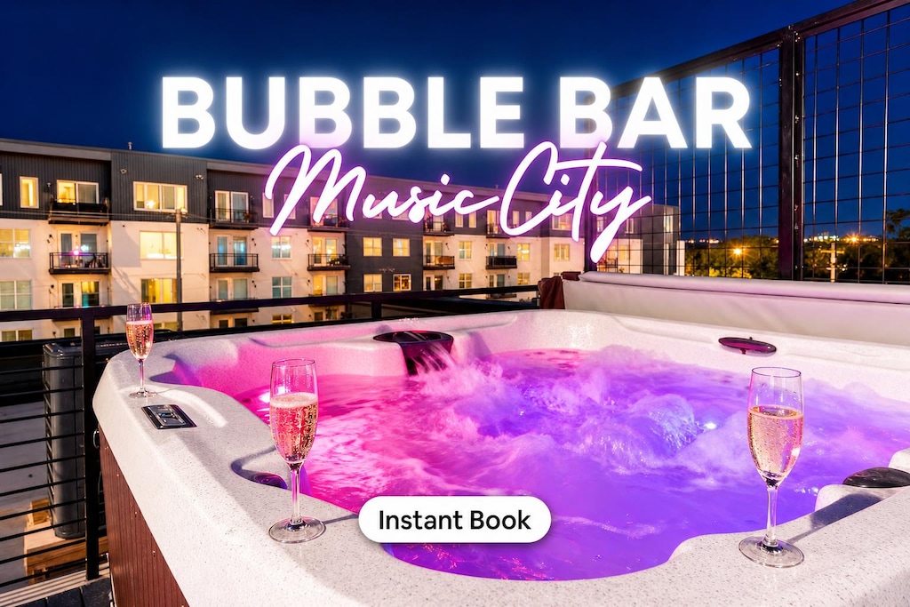 Relax in style at the Bubble Bar in Music City! Enjoy a luxurious hot tub under the stars with stunning city views—perfect for bachelorette parties or family reunions. Toast with friends in this chic downtown retreat!