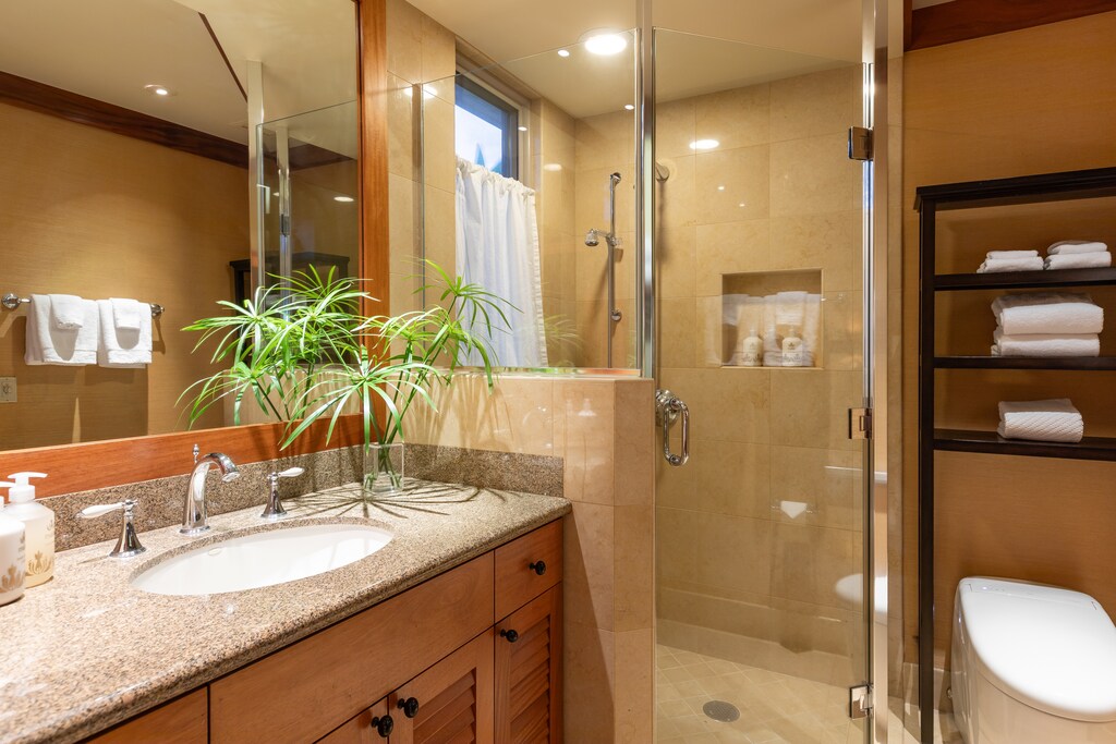 Second bedroom en-suite bath with granite counters and glass walk-in shower—elegant and bright.