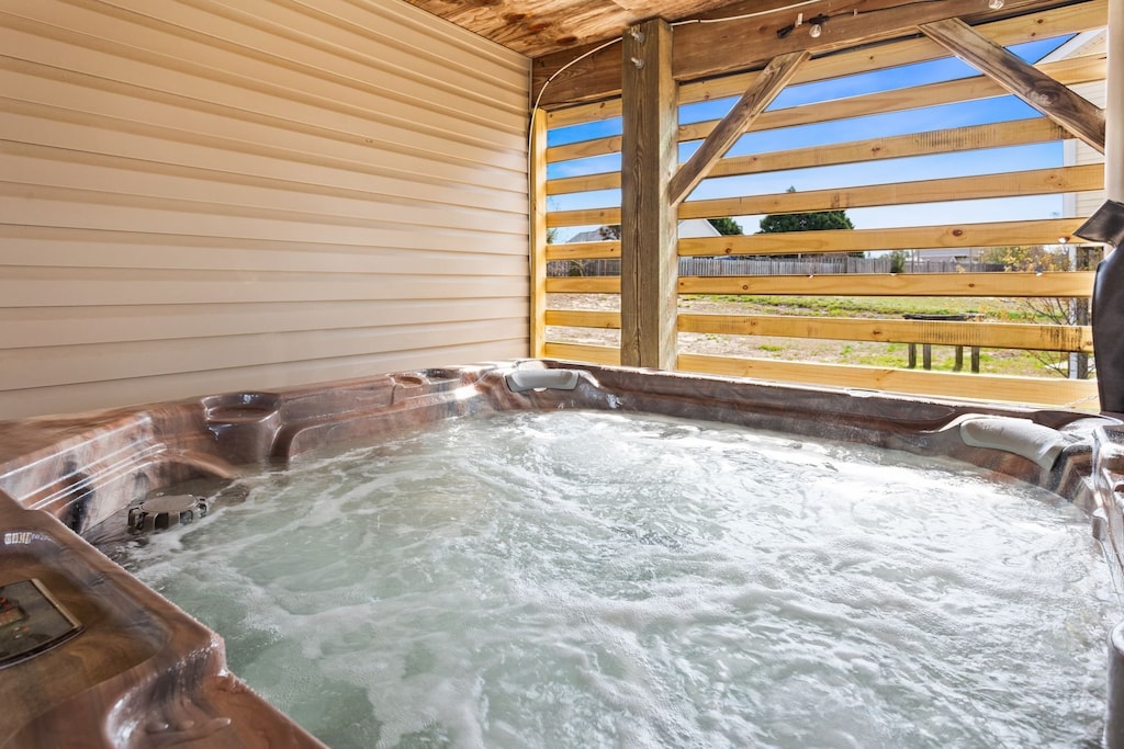 Rest in the bubbly covered Hot Tub!