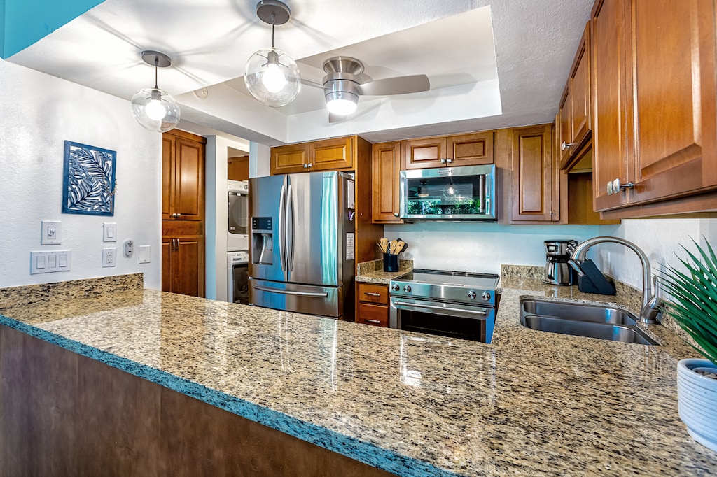 Fully equipped kitchen appliances and cooking utensils provided.