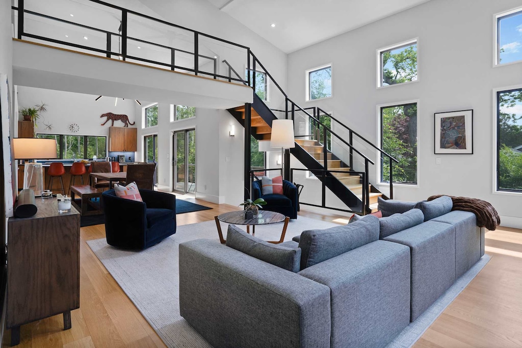 Bright living room with high ceilings