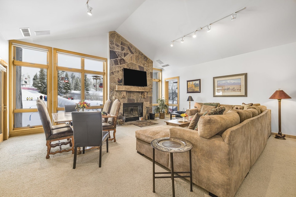 Living Room with View and Wood-Burning Fireplace