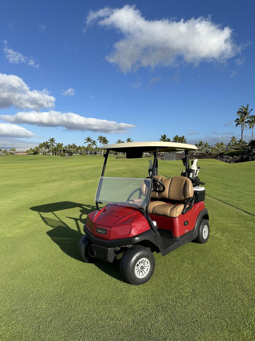 Beautiful fairways, comfortable golf carts, great vibes. Hole 13 of the south course at Mauna Lani. A beautiful golf course to play!