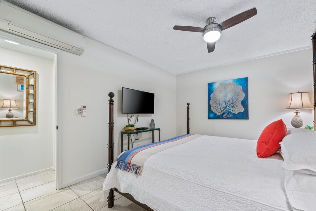 King bed in bedroom with flat screen television.