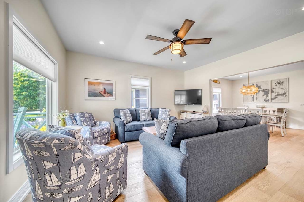 Cozy living room open to dining room