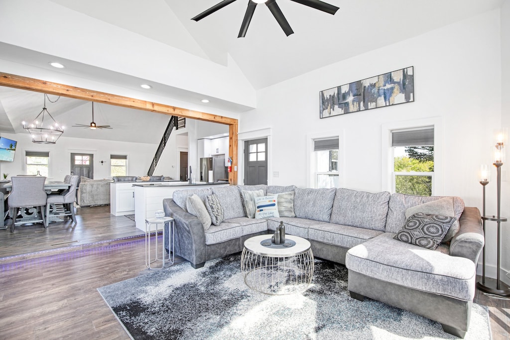Large comfortable sectional sofa seating and a massive bean bag make this area a great space to connect.