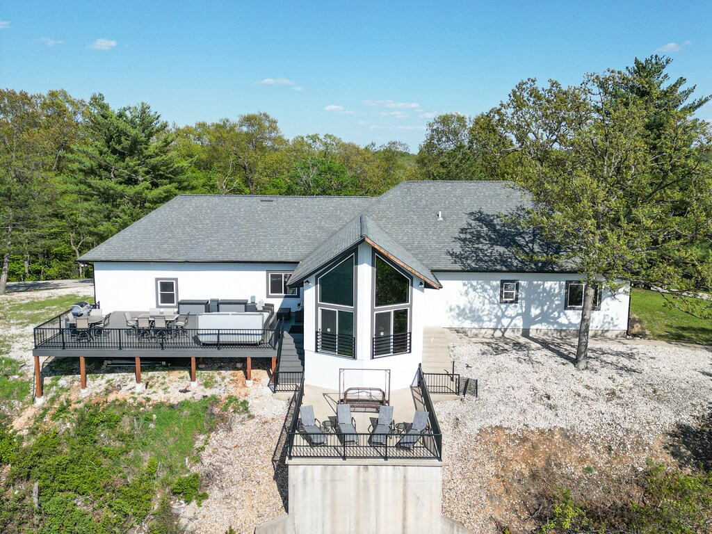 Aerial views of the back decks and balcony.