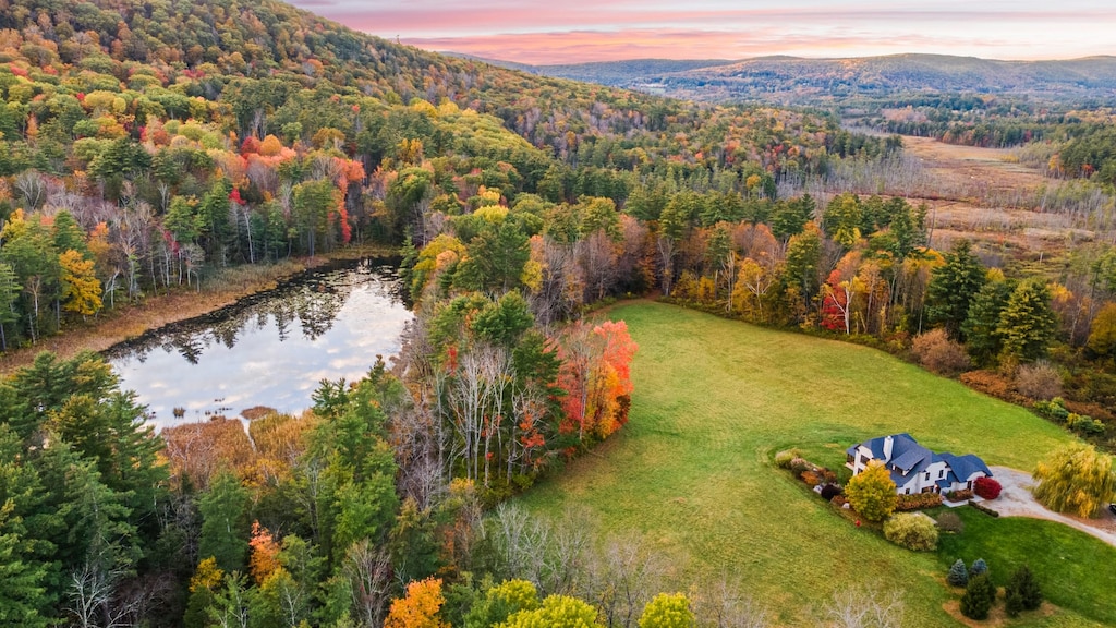 Aerial view of the home with the nearby pond.