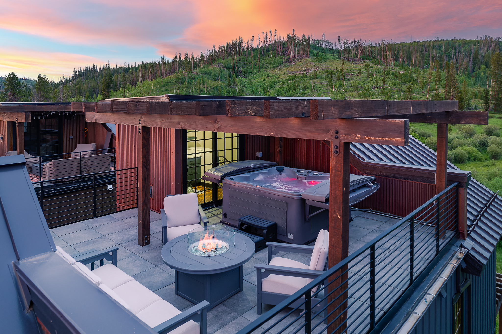 Private rooftop terrace with hot tub and fire pit for cool summer evenings