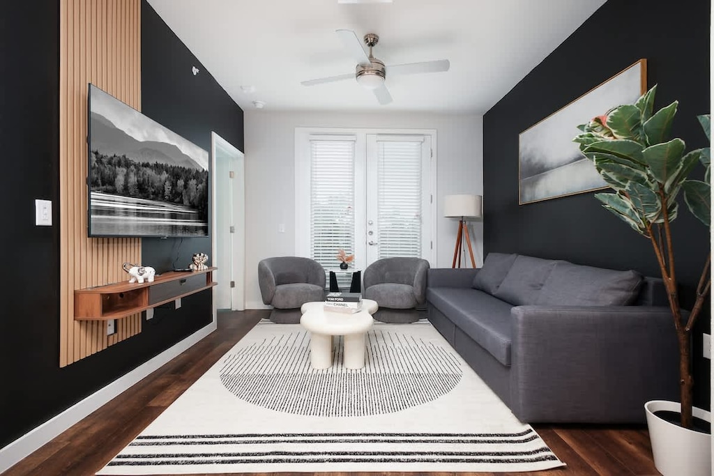 Gather in our inviting living room, where a comfy sofa and unique decor create a stylish and comfortable space.