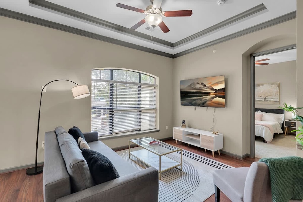 Relax in style on our cozy couch while enjoying your favorite shows on the flat-screen TV!