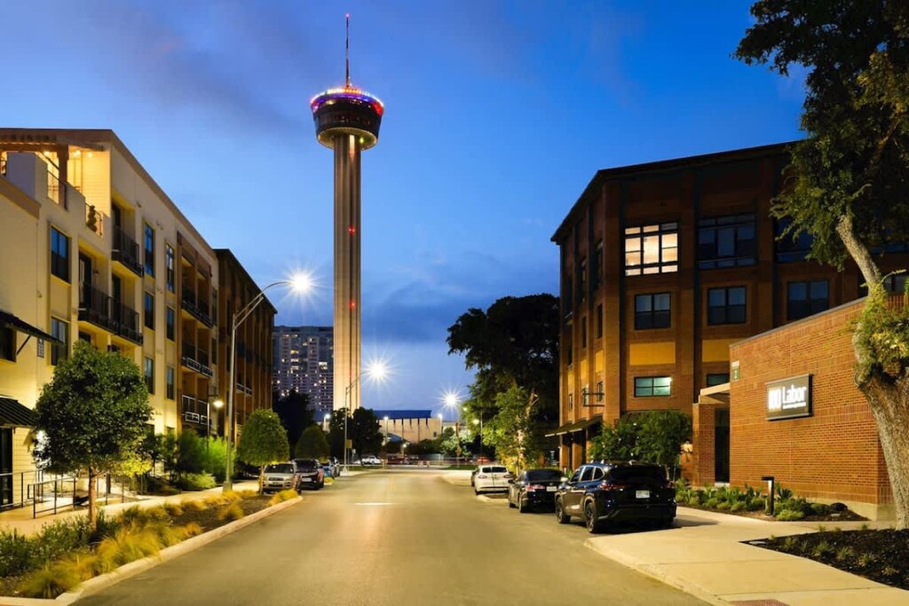 Relax in a serene setting with views of the tower and a tranquil, tree-lined neighborhood.