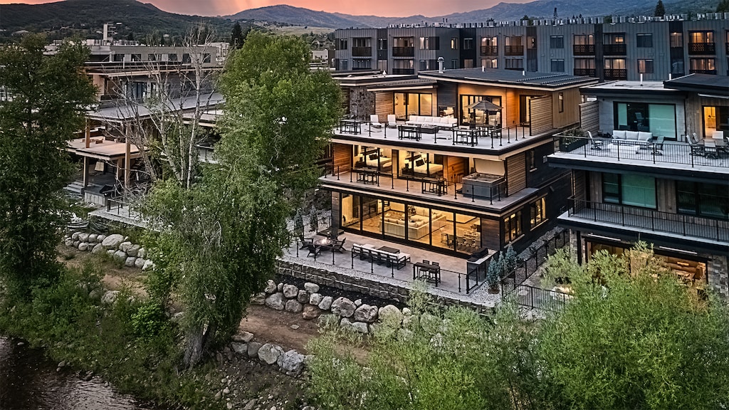 Aerial view from the rear of Triple 3 Lodge - right on the Yampa River