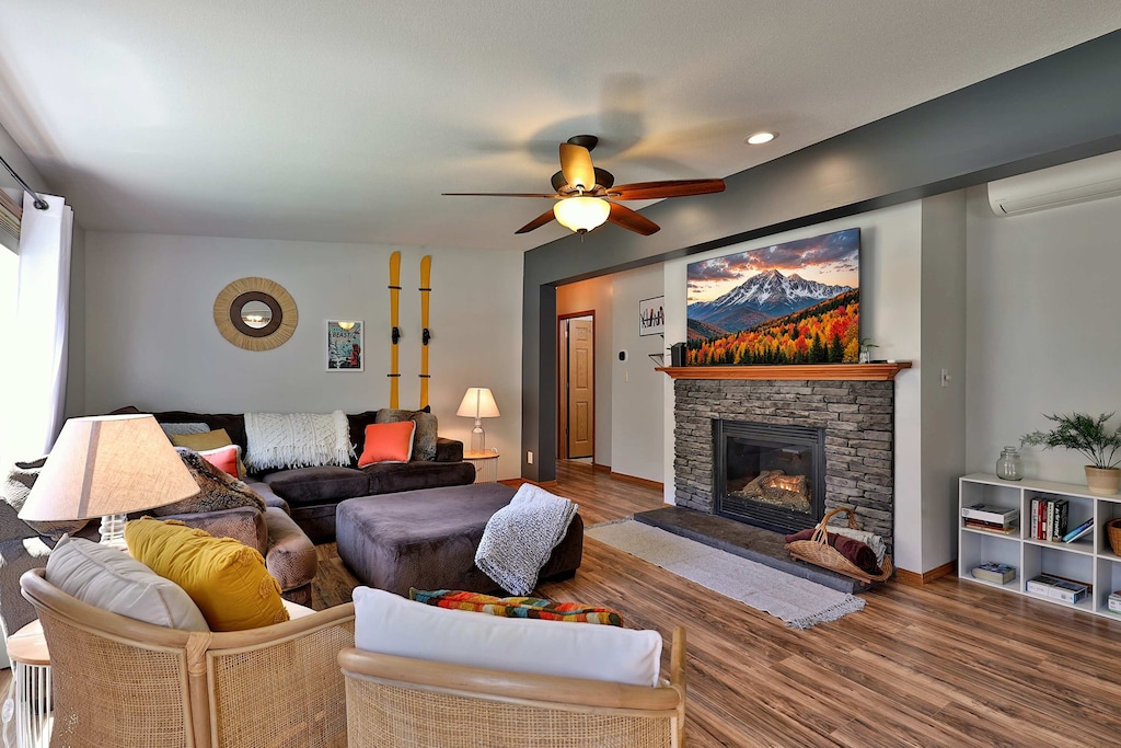 Warm up by the fireplace and watch a movie on our 65" Roku TV